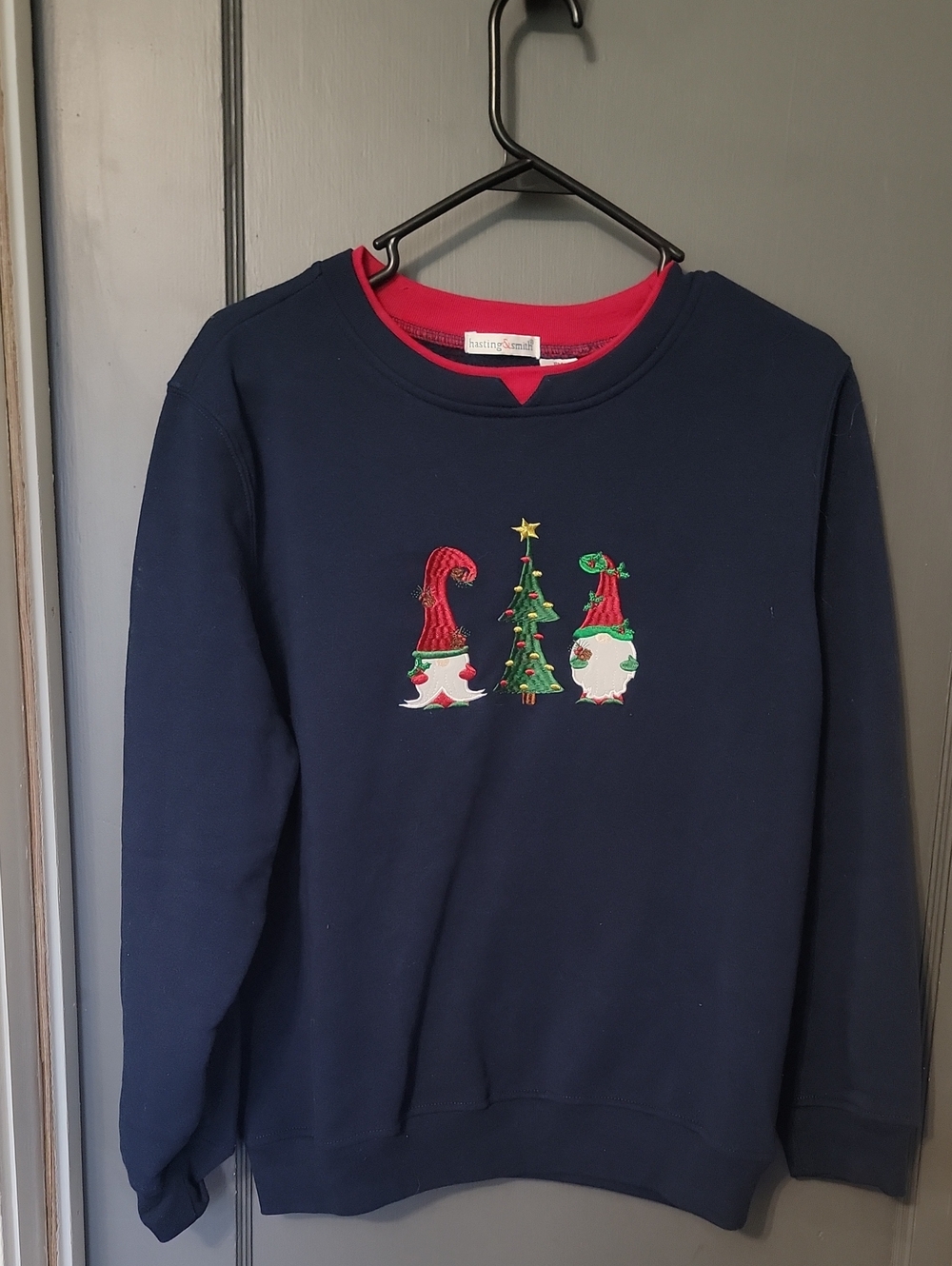 Women's Petite Medium Navy Blue Holiday Gnome Sweatshirt with Pink Trim